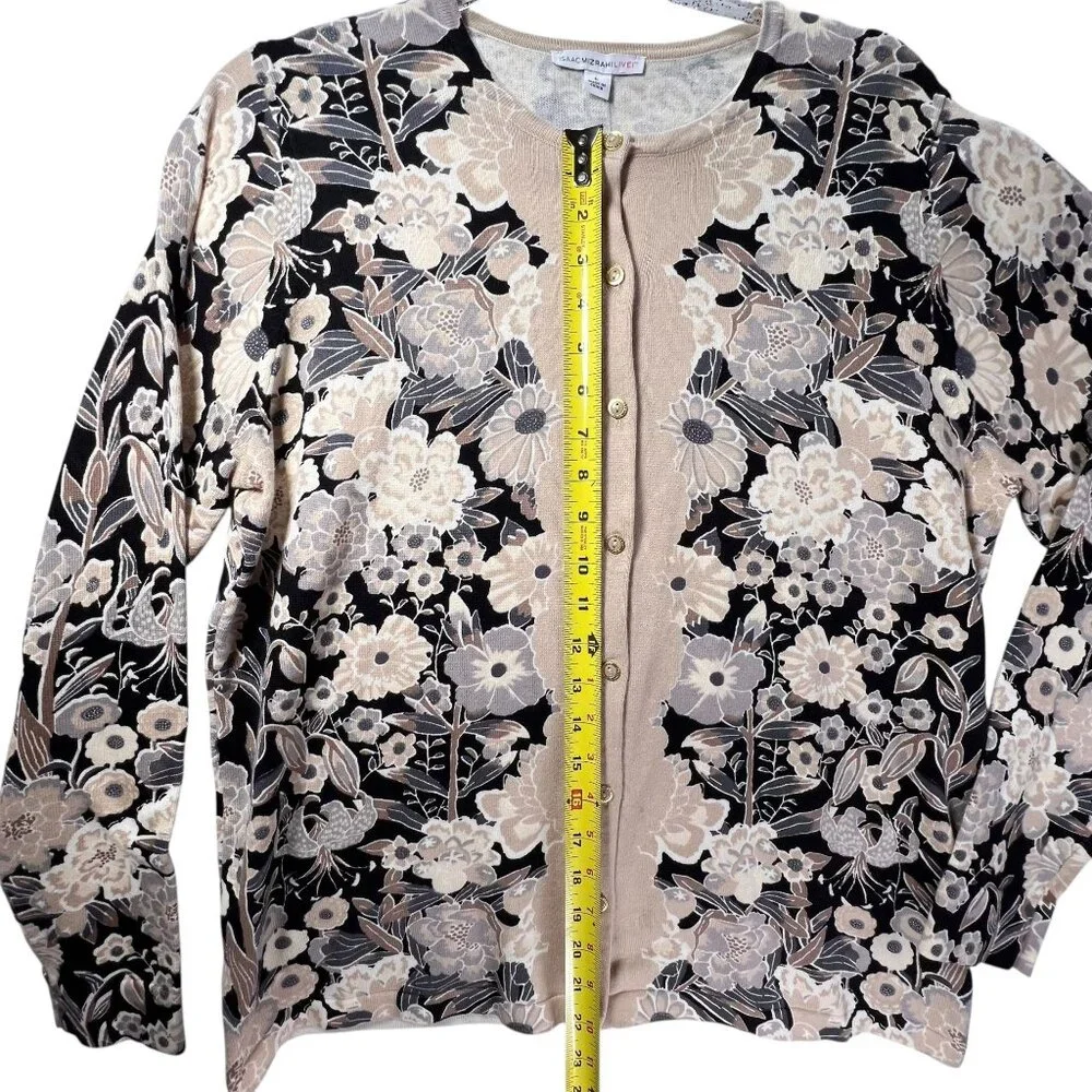 NWOT Isaac Mizrahi Live Floral Button Down Cardigan L Beige Black Womens Sweater - Picture 10 of 11